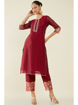 Soch - Women Maroon Chanderi Embroidered Kurta Set (Set of 2)