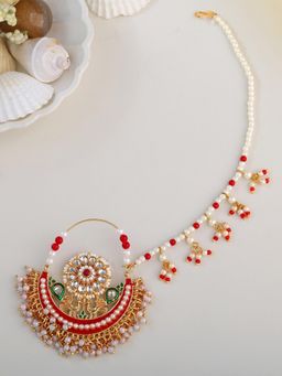 Estele - Traditional Bridal Nose Ring, Gehena Gold Plated Nath with Pearl Chain