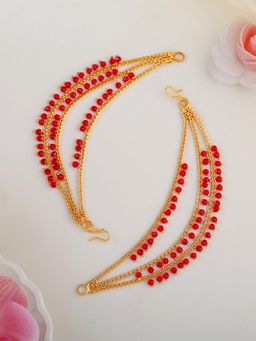 Estele - Ethnic Red Bead Ear Chains, Gehena Gold Plated Indian Champaswaralu