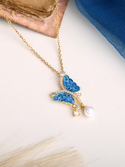 Estele - Blue Butterfly Pendant - Gehena Gold-Plated Chain Jewellery with Pearl Drop