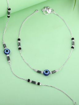 Estele - Rhodium Evil Eye Anklets, Gehena Protective Black Beads Payal Set for Daily Wear