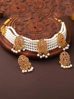 Estele - Gold Plated Elegant Pearl Layer Choker Jewellery Set, Gehena Traditional Jewellery