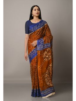 Unnati Silks - Brown Blue Pure Krisha Block Printed Cotton Saree with Unstitched Blouse
