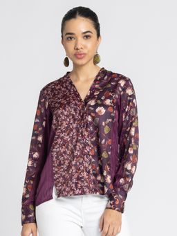 SHAYE - V-Neck Purple Floral Print Long Sleeves Casual Shirts for Women