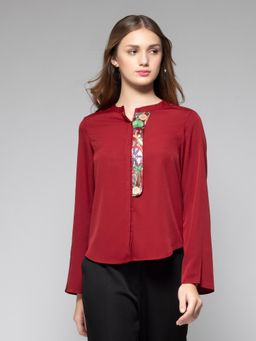 SHAYE - Maroon Solid Long Sleeves Casual Shirts for Women