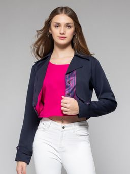 SHAYE - Collar Navy Blue Solid Long Sleeves Casual Shirts for Women