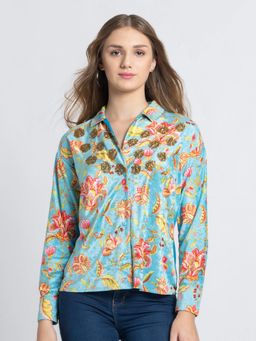 SHAYE - Collar Blue Sequins Long Sleeves Party Shirts for Women