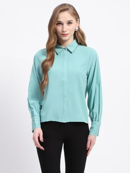 Madame - Cuffed Sleeve Solid Mint Green Shirt