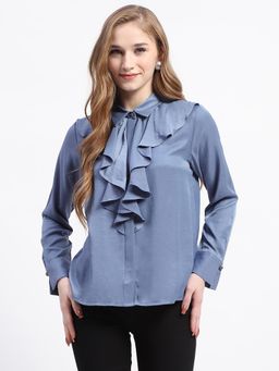 Madame - Collar Neck Solid Blue Shirt