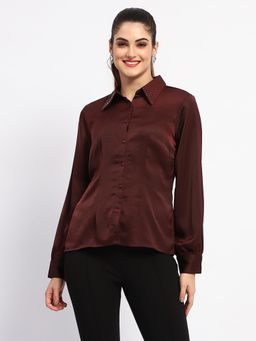 Madame - Wine Embellished Collar Button-Up Shirt