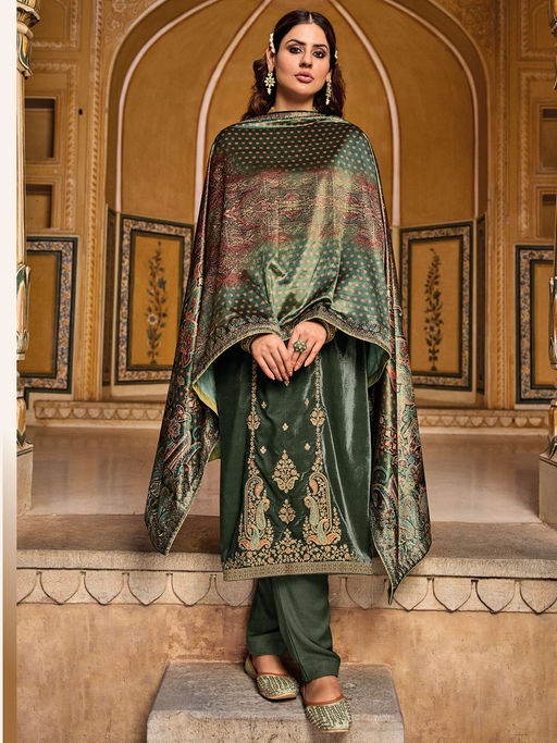 Buy Stylee LIFESTYLE Green Velvet Embroidered Dress Material (Set of 3)  Online
