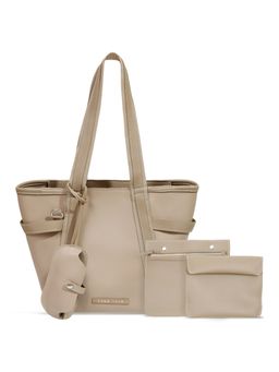 TANN TRIM - Beige Trooper Zipper Tote Bag with Detachable Sling