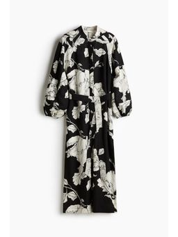 H&M - Women Black Linen-Blend Tie-Belt Dress