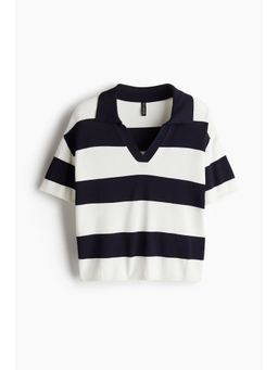 H&M - Women Blue Oversized Fine-Knit Polo Shirt