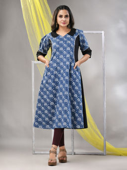 CHARUKRITI - Sapphire Blue Cotton Printed A-Line Kurta