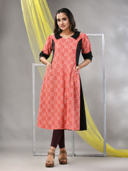 CHARUKRITI - Peach Cotton Printed A-Line Kurta