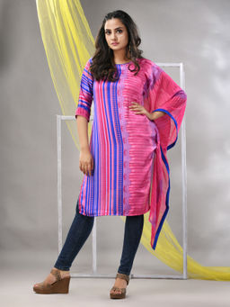 CHARUKRITI - Pink Printed Satin Asymmetrical Straight Kurta