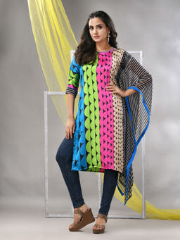 CHARUKRITI - Blue and Black Printed Satin Asymmetrical Straight Kurta