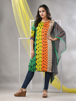 CHARUKRITI - Green and Black Printed Satin Asymmetrical Straight Kurta