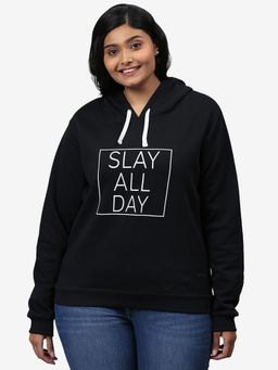 Instafab Plus - Size Women Printed Casual Hooded Sweatshirt Black