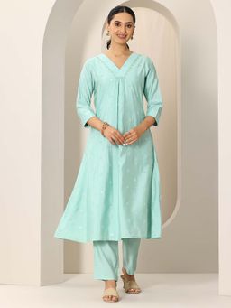Libas - Blue Floral Embroidered A-Line Kurta with Pant (Set of 2)