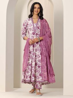Libas - Mauve Floral Printed Kurta and Printed Pant with Embellished Dupatta (Set of 3)
