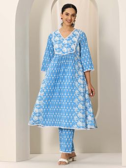 Libas - Blue Floral Printed A-Line Kurta with Pant (Set of 2)