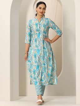 Libas - Blue Printed Straight Kurta with Pant (Set of 2)