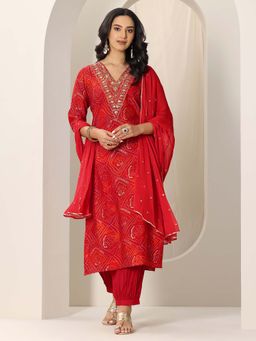 Libas - Red Bandhani Printed Kurta with Salwar and Dupatta (Set of 3)