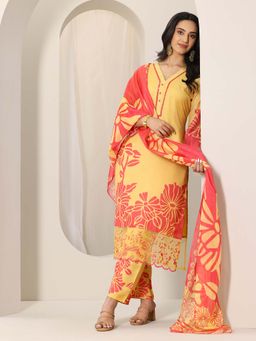 Libas - Yellow Floral Printed Kurta with Pant and Dupatta (Set of 3)