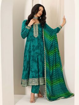 Libas - Rama Green Floral Printed Anarkali Kurta with Pant and Dupatta (Set of 3)