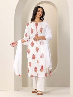 Libas - White Floral Printed Kurta with Pant and Dupatta (Set of 3)