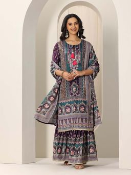 Libas - Wine Printed Kurta with Sharara and Dupatta (Set of 3)