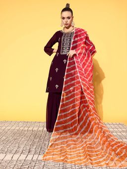 KVS FAB - Wine Zari Sequence Embroidered Kurta with Sharara and Dupatta (Set of 3)