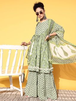 KVS FAB - Green Floral Printed Kurta with Sharara and Dupatta (Set of 3)