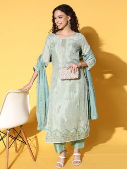 KVS FAB - Sea Green Zari Embroidered Printed Kurta with Pant and Dupatta (Set of 3)