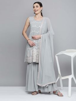 KVS FAB - Grey Flared Sequinned Kurta with Sharara and Dupatta (Set of 3)
