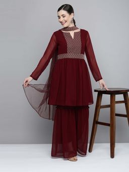 KVS FAB - Maroon Flared Sequinned Kurta with Sharara and Dupatta (Set of 3)
