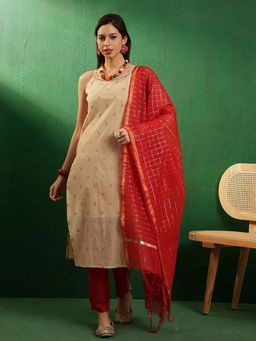 KVS FAB - Beige Woven Work Kurta with Pant and Dupatta (Set of 3)