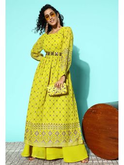 KVS FAB - Green Mirror Work Printed Flared Kurta with Palazzo and Belt (Set of 3)