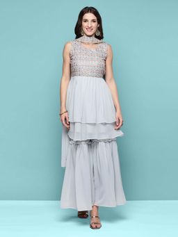 KVS FAB - Grey Mirror Work Kurta with Sharara and Dupatta (Set of 3)