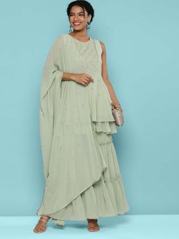 KVS FAB - Green Layered Kurta with Sharara and Dupatta (Set of 3)