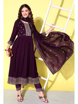 KVS FAB - Wine Zari Embroidered Flared Kurta with Pant and Dupatta (Set of 3)