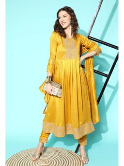 KVS FAB - Yellow Zari Embroidered Flared Kurta with Pant and Dupatta (Set of 3)