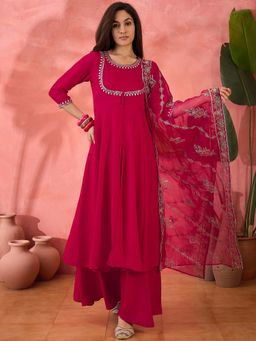 KVS FAB - Pink Zari Embroidered Kurta with Palazzo and Dupatta (Set of 3)
