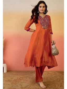 KVS FAB - Orange Zari Embroidery with A-Line Kurta with Pant (Set of 2)