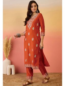 KVS FAB - Orange Silk Blend Foil Printed Kurta with Pant (Set of 2)