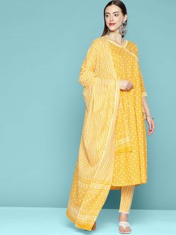 KVS FAB - Yellow Bandhej Angrakha Kurta with Pant and Dupatta (Set of 3)