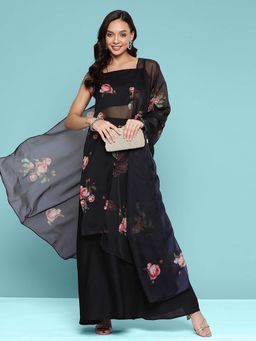 KVS FAB - Black Floral Printed Kurta with Palazzo and Dupatta (Set of 3)