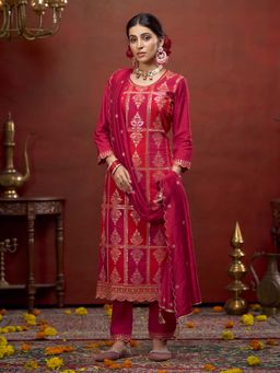 KVS FAB - Pink Silk Zari Embroidered Kurta with Pant and Dupatta (Set of 3)